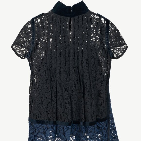 Sacai PF16 Black & Blue Lace Velvet-Trim Blouse - Picture 3 of 11